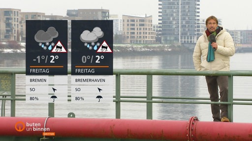 Wettermoderator Andree Pfitzner steht auf einer Brücke, links die Wettertafeln. 