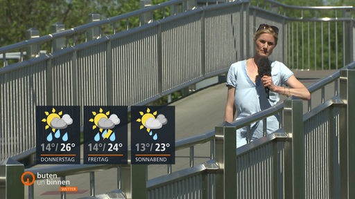 Wettermoderatorin Constance Hoßfeld-Seedorf steht auf einer Brücke, links die Wettertafeln. 