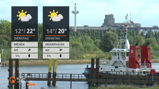 Ein Schiff liegt auf der Weser vor der alten Rolandmühle in Walle. Links im Bild die Wettertafel.