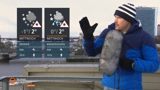 Die Wettertafeln vor dem Ausblick auf die Stephanibrücke neben Reporter Andree Pfitzner 