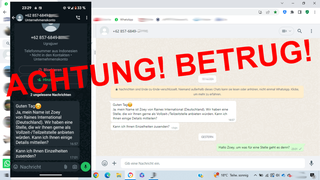 Screenshot eines WhatsApp-Verlaufs zu einem unseriösen Jobangebot mit Einblendung "Achtung! Betrug!"