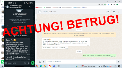 Screenshot eines WhatsApp-Verlaufs zu einem unseriösen Jobangebot mit Einblendung "Achtung! Betrug!"